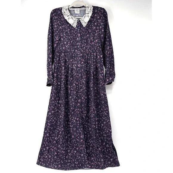 VTG Laura Ashley Lace Collar Tea Dress 4 Purple Prairie Romantic Coquette Ditsy - Picture 2 of 12